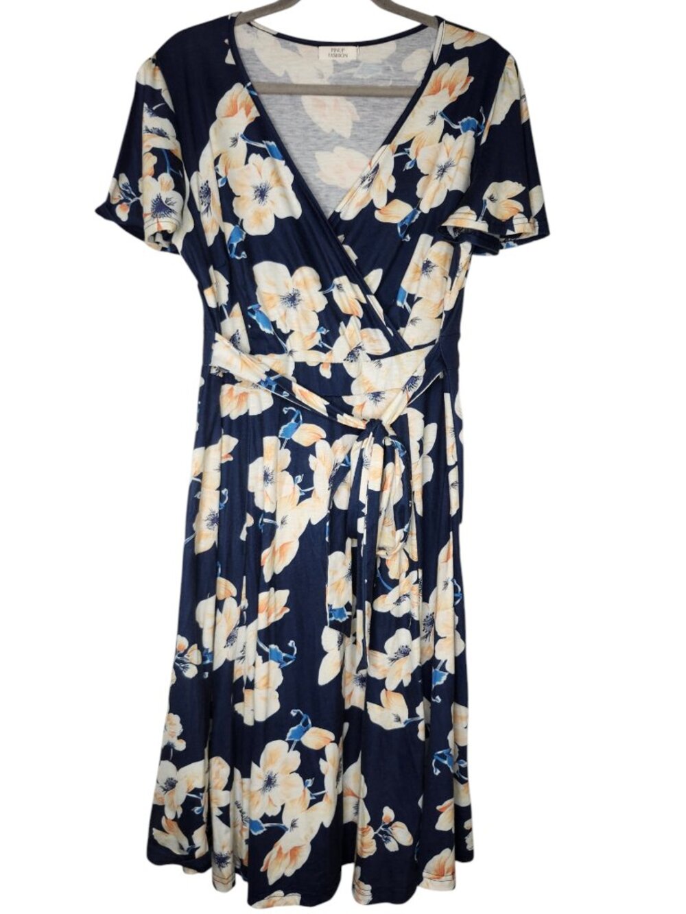 Pinup Fashion Blue Yellow Floral Wrap Style Short Sleeved Dress Plus Size 18W
